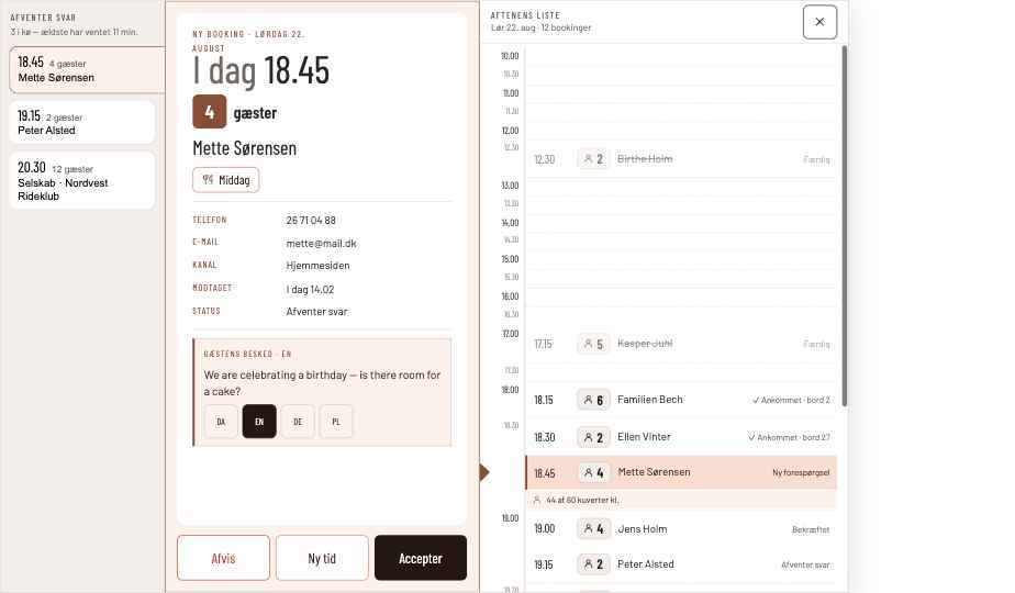 Linira på iPad'en: en ny forespørgsel med knapperne Afvis, Ny tid og Accepter, og aftenens liste ved siden af.